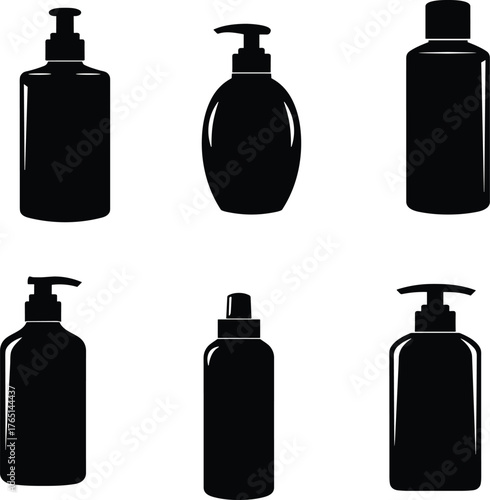 Cosmetic bottle silhouette illustration, personal care packaging design, hygiene product container artwork, shampoo and lotion pump, spray dispenser drawing, black and white
