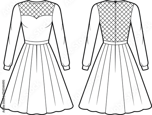 Elegant women’s fashion dress illustration, sweetheart neckline, sheer lattice bodice, pleated skirt, technical garment flat, front and back view
