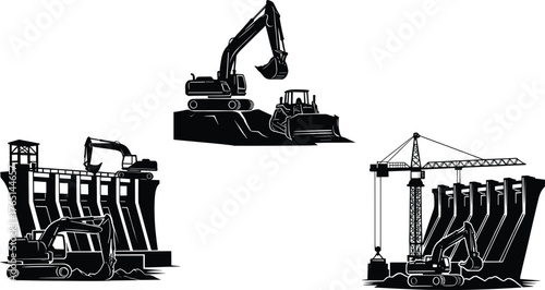 Excavator and bulldozer, dam construction, heavy machinery, civil engineering, infrastructure development, land preparation, crane operation, 