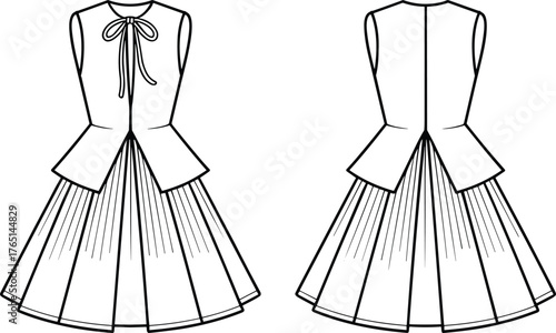 Fashion technical flat dress illustration, sleeveless pleated skirt design, peplum waist detail, front and back garment construction drawing, vector line art