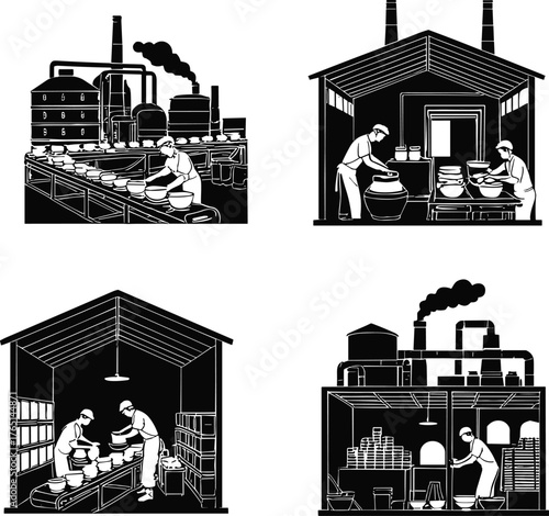 Food and beverage production illustration, industrial factory process, workers operating machinery, packaging and bottling line, large vats, workplace teamwork, manufacturing