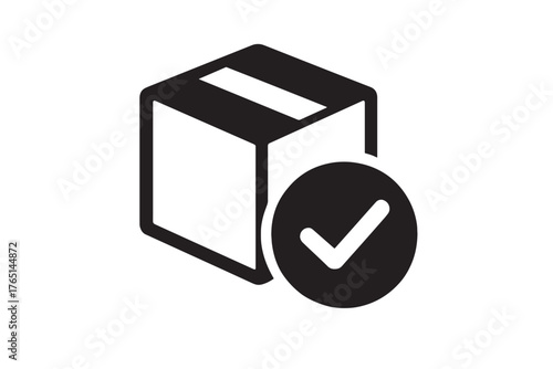 Black cardboard box icon with white checkmark in circle package delivery
