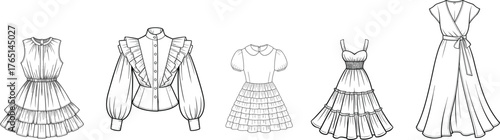 Girls’ tiered dress technical flat sketch, puff sleeve and bow waist design with layered skirt, button back closure, and stitching details