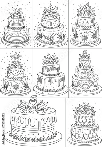 Festive Cakes Detailed Black and White Vector Illustration for Coloring Pages