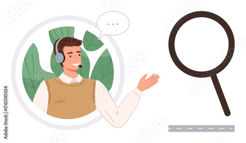 Male customer support agent with headset offering guidance beside a magnifying glass. Ideal for customer service, communication, tech support, inquiries, discovery, navigation, simple flat metaphor