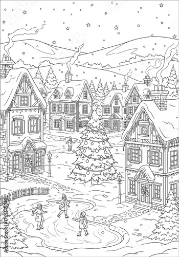 Winter Village Scene Festive Houses, Snowfall, and Winter Activities in a Snowy Landscape