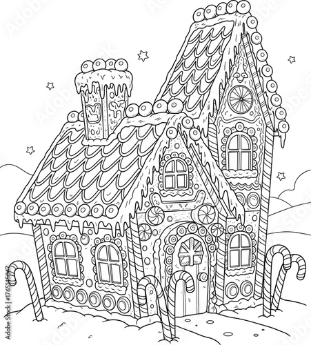 Gingerbread House Illustration Festive Christmas Treat in Snowscape with Candy Canes