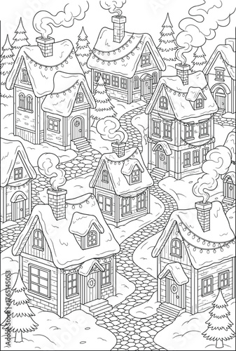 Festive Winter Village A Charming Coloring Page with Snow-Covered Houses and Cozy Scenes