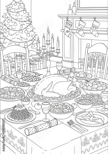 Festive Christmas Dinner Table A Black and White Illustration for Coloring Fun