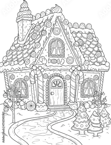Christmas Gingerbread House Coloring Page Festive Holiday Treat with Candy Decorations
