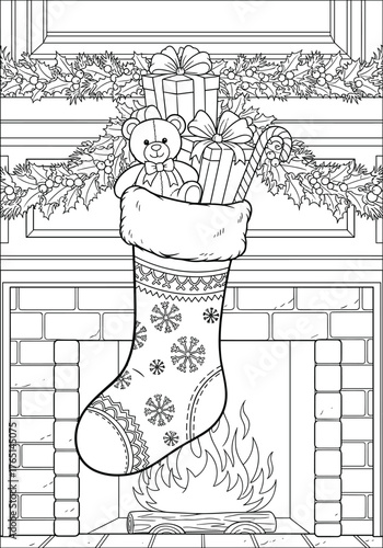 Christmas Stocking Coloring Page with Gifts and Teddy Bear above Fireplace, adorned with festive holiday garland for seasonal creative fun and relaxation