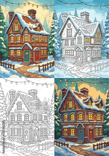 Charming Winter Village Houses Coloring Book Pages Featuring Cozy Homes Decorated for the Holidays