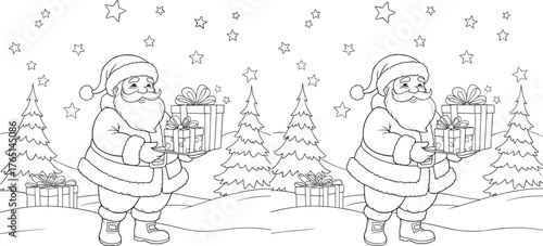 Festive Christmas Scene with Santa Claus, Gift Boxes, and Decorated Pine Trees Under a Starry Sky