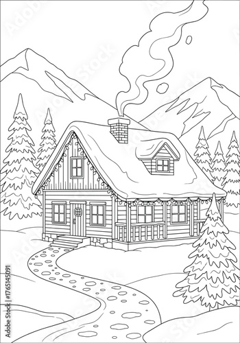 Line art illustration of a serene winter wonderland with a rustic log home, snow-laden trees, and distant mountains, ideal for a tranquil and creative coloring experience