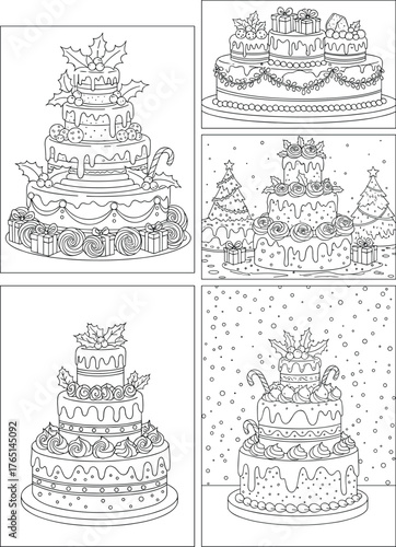 Collection of intricate holiday cake coloring pages featuring festive Christmas decorations for creative activities
