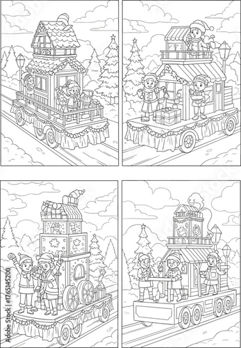 Festive Parade Floats Line Art Illustrations for Coloring Fun