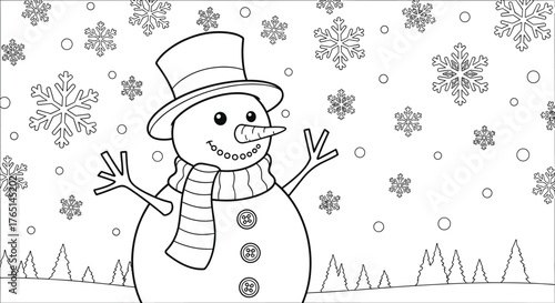 A detailed coloring page illustration of a rustic log cabin covered in snow with holiday lights in a peaceful winter mountain landscape