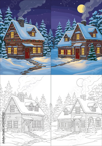 Cozy Winter Cabin Scenes A Comparison of Full Color and Line Art Illustrations