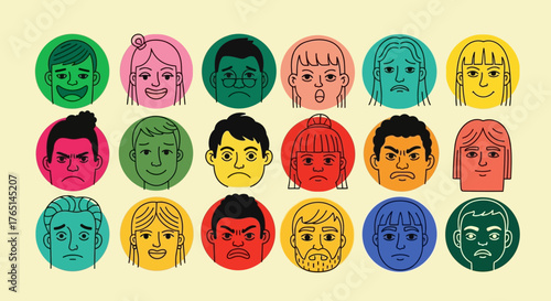 Vibrant Hand-Drawn Doodle Faces Vector Set | Diverse Emotions & Avatars