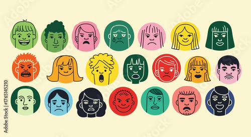Vibrant Hand-Drawn Doodle Faces Vector Set | Diverse Emotions & Avatars