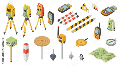 Isometric illustration of surveying equipment including theodolites on tripods, GPS devices, measuring tapes, prisms, and a topographic map, arranged on a white background.