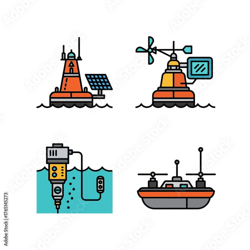 Four illustrations depicting oceanographic research equipment: a buoy with solar panel, a buoy with anemometer, a water sampler, and a research vessel.