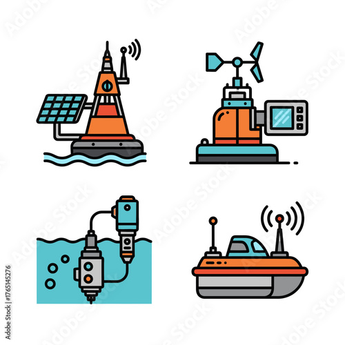 Four vector illustrations depicting various marine research and monitoring devices, including a buoy with solar panel, a sensor platform, an underwater probe...