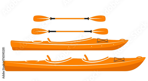 Two orange kayaks, a single and a tandem, are displayed with two paddles on a white background.