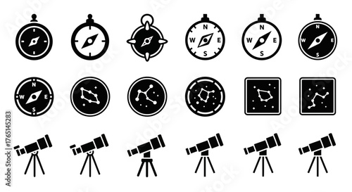 A collection of black and white vector icons depicting compasses, constellations, and telescopes arranged in rows.