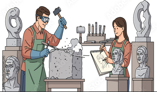 Artists sculpting stone bust in workshop studio, creative teamwork in sculpture making, artistic craftsmanship, art education, and classical design creation