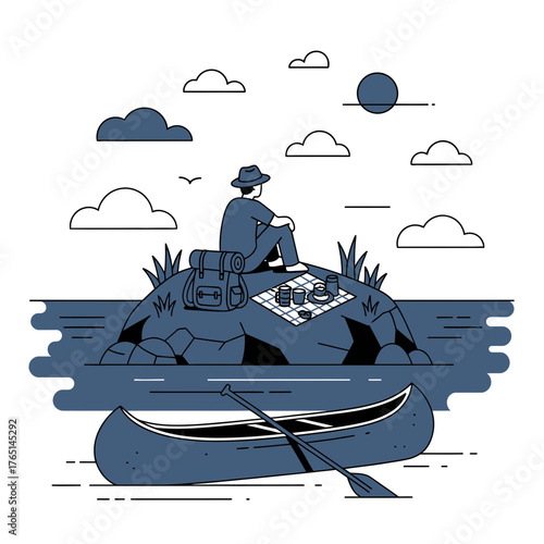 A man sits on a rocky island with a picnic blanket and backpack, looking out at the water with a canoe nearby.