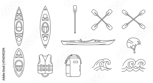 Line art illustration depicting kayaking equipment including kayaks, paddles, life vest, dry bag, helmet, and waves.