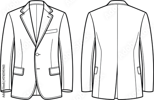 Men’s blazer technical flat sketch, notched lapel design with chest welt pocket, flap pockets, two button closure, side vents, and back view