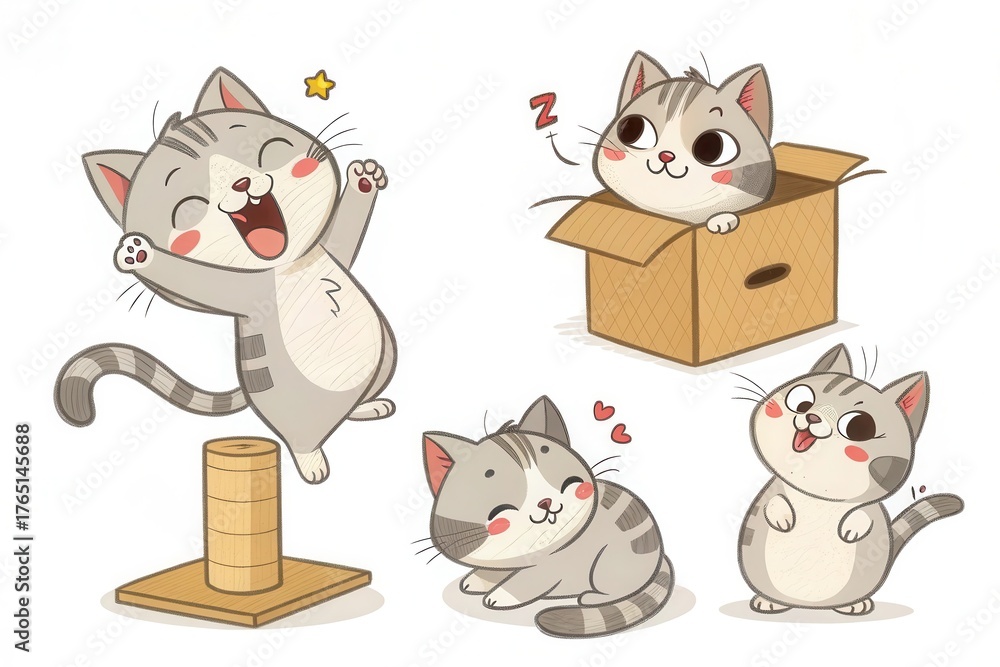 Fototapeta premium Playful cartoon cats engaging in various activities, showcasing joy and curiosity in a cozy setting