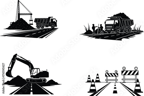 Road construction site, dump truck, excavator, crane lifting, workers managing, road maintenance, infrastructure development, traffic cones, barricades, heavy machinery, urban repair