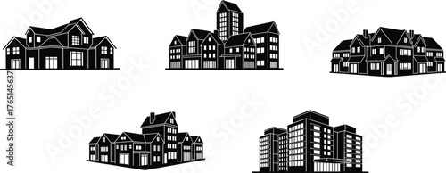 Residential architecture illustration, urban housing design, apartment complex drawing, townhouse silhouette, modern building sketch, real estate concept, black and white construction artwork