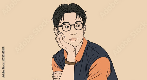 A thoughtful individual with glasses, resting their chin on their hand, looking away, with a neutral background.