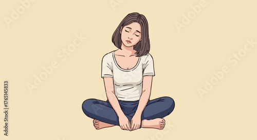 Illustration of a woman sitting cross-legged with a sad expression on her face.