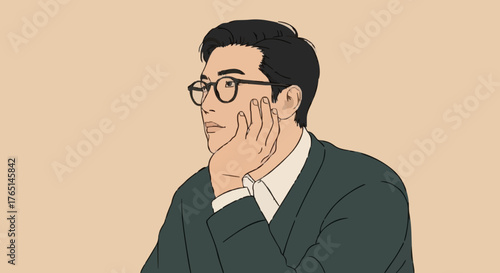 Illustration of a thoughtful man wearing glasses and a sweater, resting his chin on his hand.