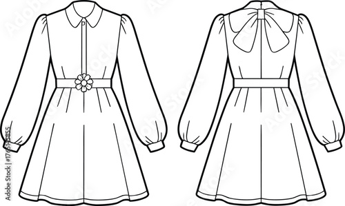 Technical fashion dress illustration, Peter Pan collar, puffed sleeves, button placket, flared skirt, garment flat sketch, front and back construction view