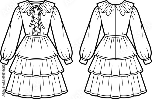 Technical fashion dress illustration, scalloped collar, puffed sleeves, lace‑up bodice, tiered skirt design, garment flat sketch, front and back construction view