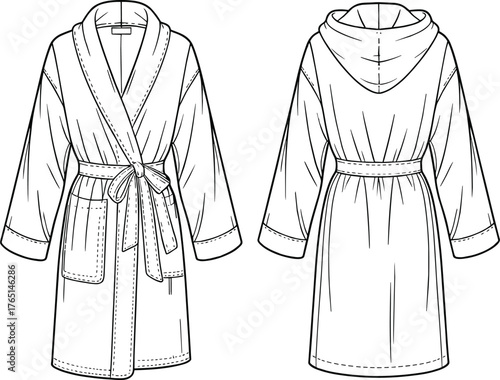 Unisex bathrobe technical flat sketch, shawl collar design with hood, belt tie waist, patch pockets, long sleeves, and back view