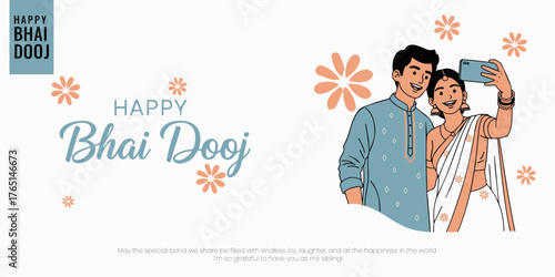 Happy Bhai Dooj greeting banner. A joyful brother and sister are taking a selfie on a smartphone, celebrating their loving sibling bond. Flat vector illustration with floral elements.