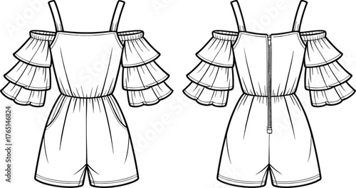 Women’s romper fashion flat sketch, cold shoulder ruffle sleeve design with spaghetti straps, elastic waist, pockets, and back zipper template