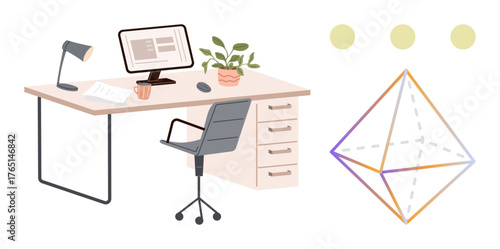 Minimalist desk with computer, chair, lamp, plant, and mug beside floating geometric shape. Ideal for productivity, creativity, remote work design organization innovation abstract concepts. A