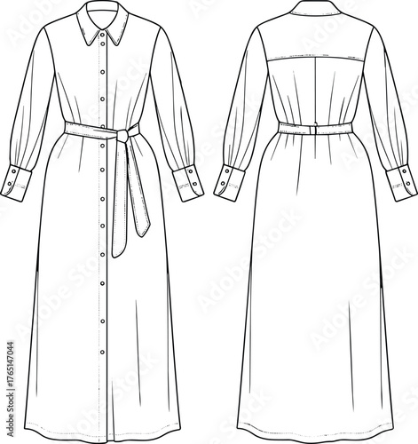 Women’s shirt dress technical flat sketch, long sleeve button down design with collar, belted waist, gathered cuffs, ankle length, and back yoke