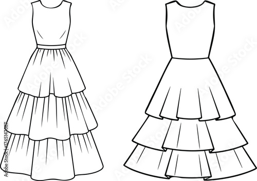 Women’s tiered dress flat sketch, fashion technical drawing front and back, sleeveless bodice with layered skirt, voluminous silhouette design