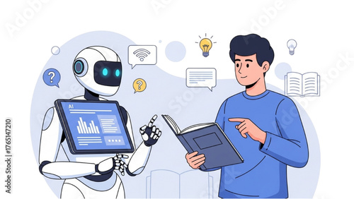 Robot and man studying together with books and digital screens