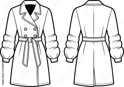 Women’s trench coat flat sketch, fashion technical drawing front and back, double breasted style with lapel collar, self tie belt, puff sleeve
