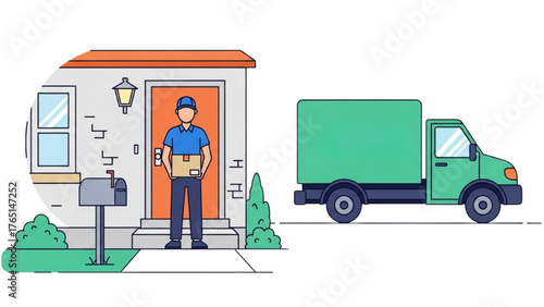 Delivery Service with Truck Delivering Package to House